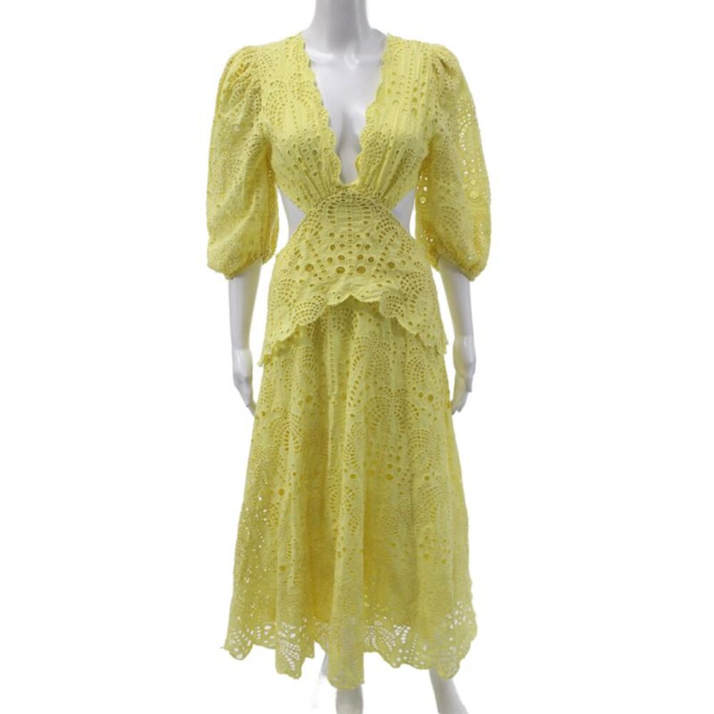 Farm Rio Womens Maxi Dress Yellow V Neck 3/4 Sleeve Cotton Zip Size S